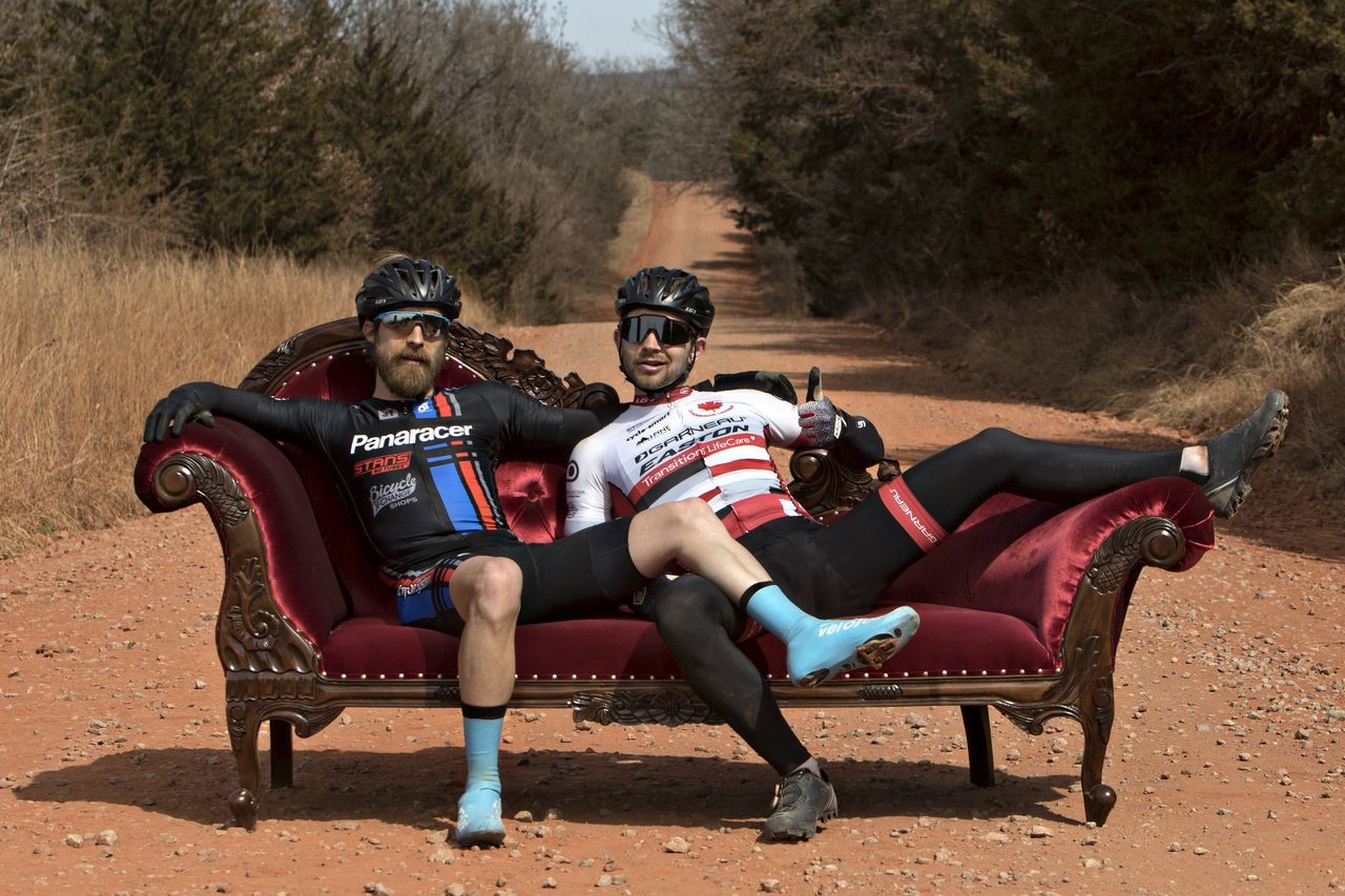 Mat Stephens and Michael van den Ham were the first-ever riders to stop at the Chaise Lounge. Salsa Chase the Chaise Lounge. © Scott Haraldson / Salsa Cycles