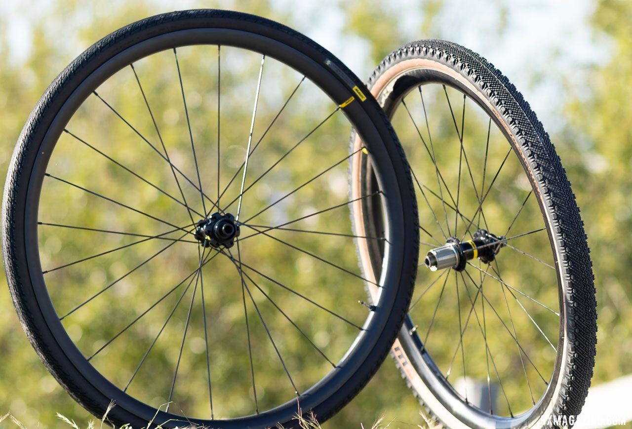 Mavic's new Allroad Pro Carbon SL (700c, left) and SL+ (650b, right) wheelsets. 2019 Sea Otter Classic. © A. Yee / Cyclocross Magazine