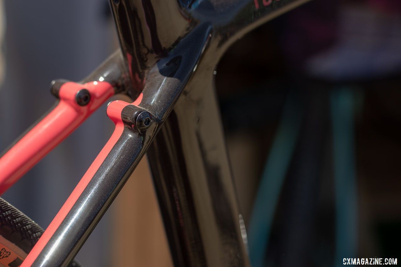 Rodeo Labs was showing off a Trail Donkey 3.0 Rapha edition. The pink color scheme and "ex duris gloria" (glory through suffering) on the chainstay will cost you a cool $200 extra. 2019 Sea Otter Classic. © Cyclocross Magazine