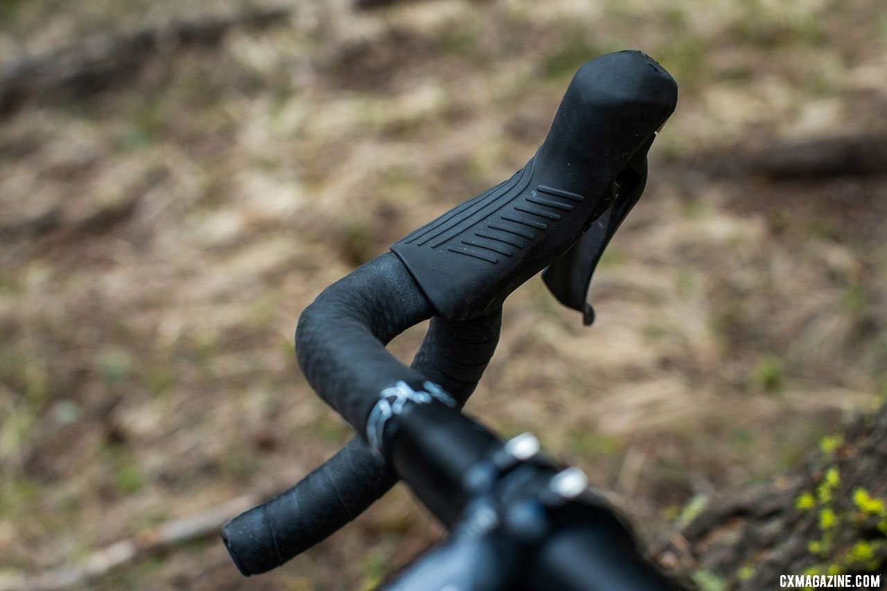 Shimano GRX components feature a reshaped and retextured hood and lever. photo: Sterling Lorence