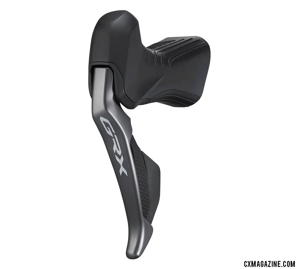 Shimano's new GRX gravel / cyclocross RX815 Di2 STI lever boasts a new hood shape and texture.