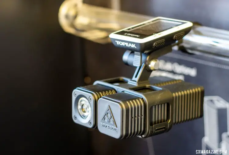 Topeak's CubiCubi series helps you mount a Topeak light (up to 1200 lumens), a spare battery, a GoPro, and your head unit in a tidy package. Lights start at $99, while a 6000 mAh battery pack retails for $49.95. © A. Yee / Cyclocross Magazine