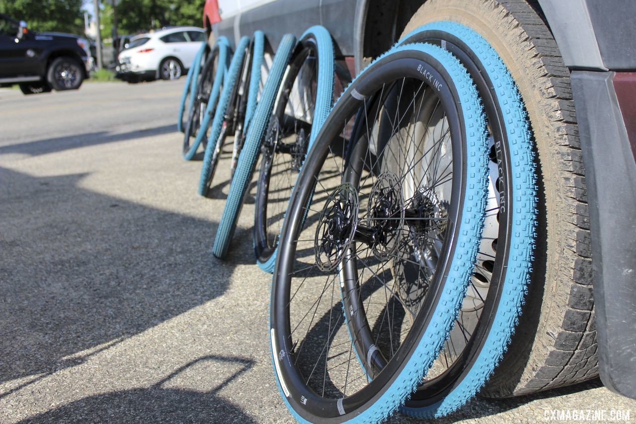 Spare wheels were hung by the van with care. 2019 Dirty Kanza 200, Panaracer / Factor p/b Bicycle X-Change Checkpoint 1. © Z. Schuster / Cyclocross Magazine