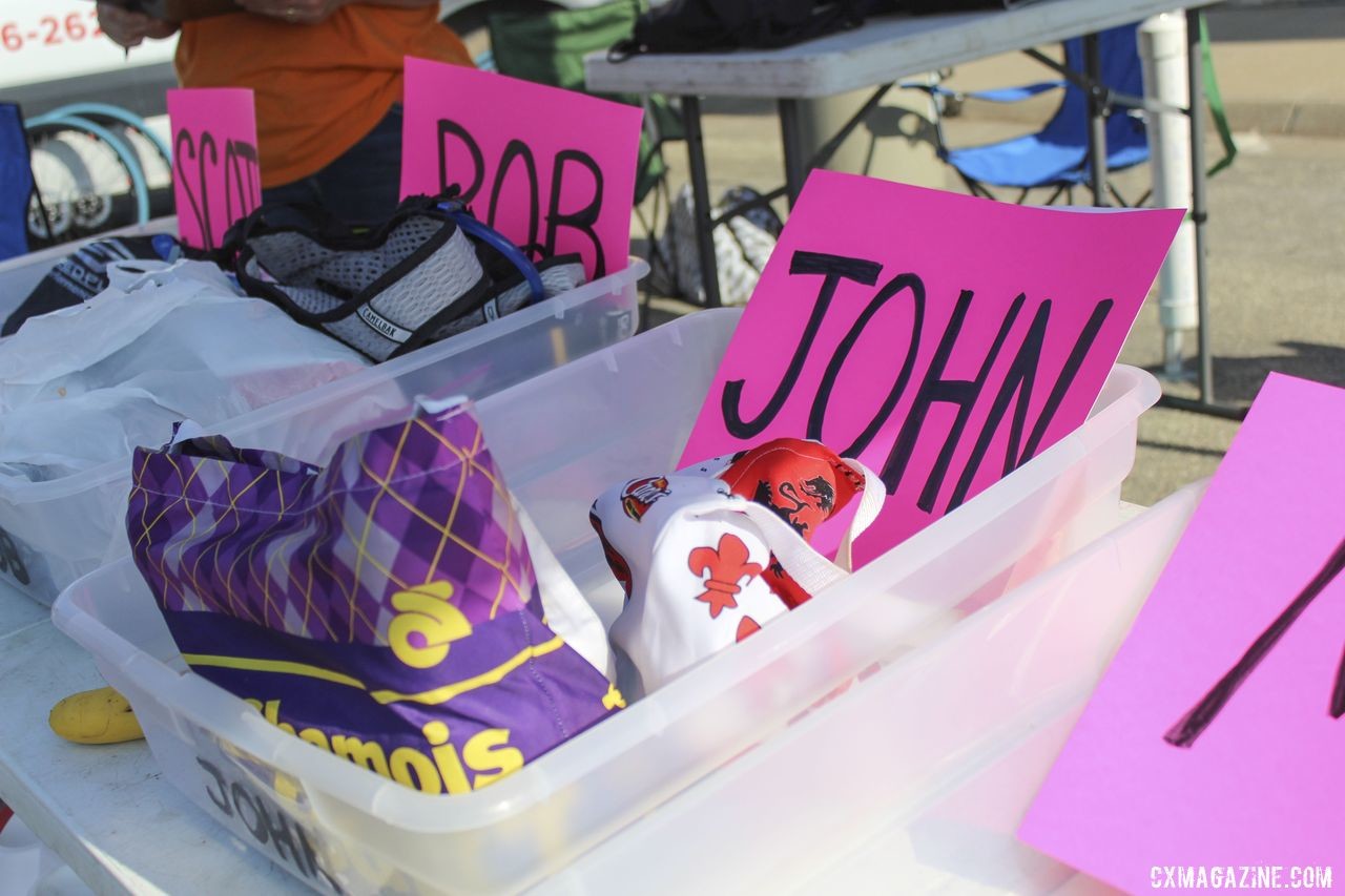 Each rider had a box to hold their food, water and other needs.. 2019 Dirty Kanza 200, Panaracer / Factor p/b Bicycle X-Change Checkpoint 1. © Z. Schuster / Cyclocross Magazine