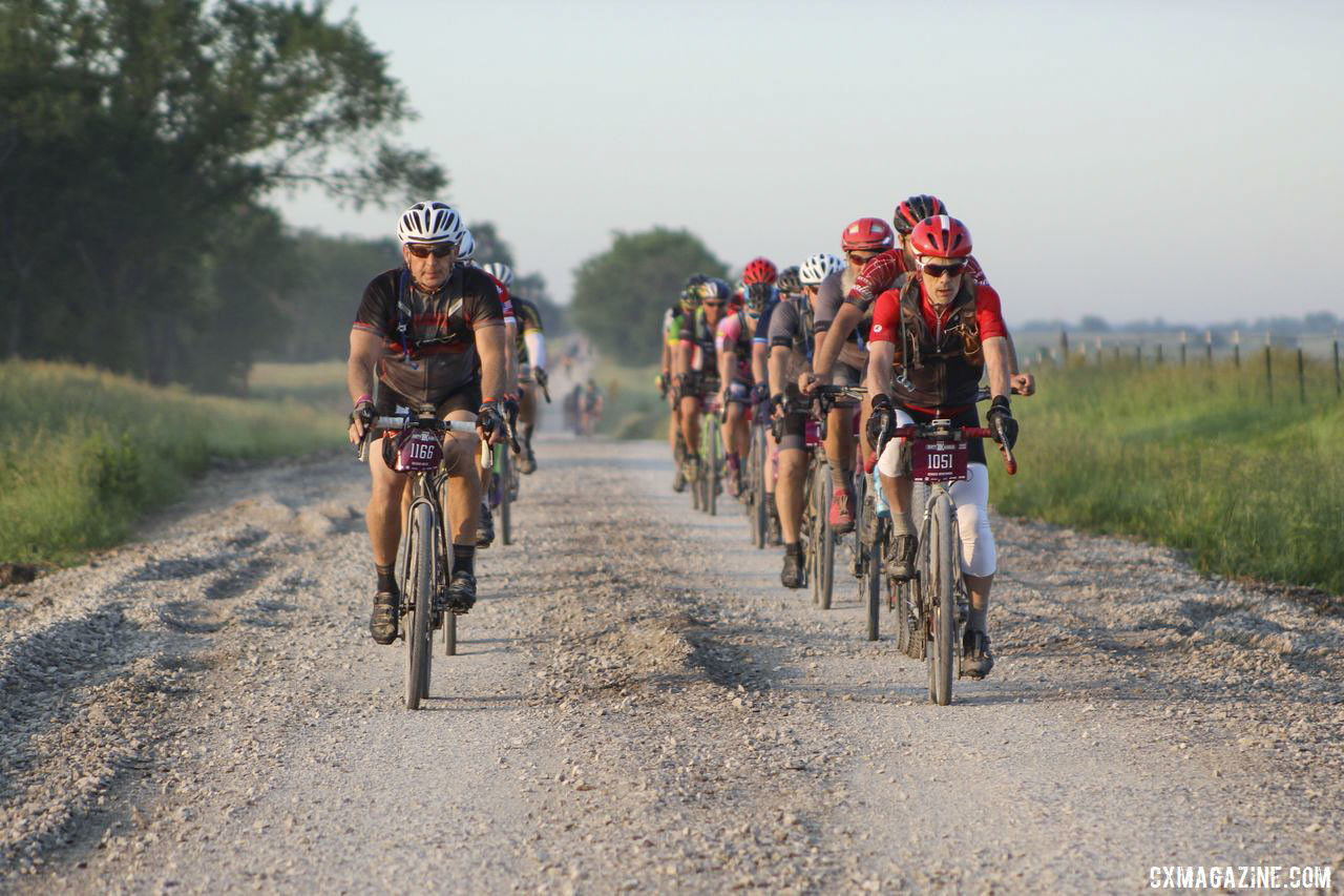 Early on, riders formed neat lines two across the roads north of Emporia. 2019 Dirty Kanza 200 Gravel Race. © Z. Schuster / Cyclocross Magazine