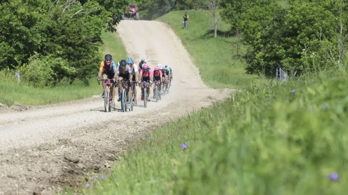 Ted King leads a reduced lead group at Mile 85. 2019 Dirty Kanza 200 Gravel Race. © Z. Schuster / Cyclocross Magazine