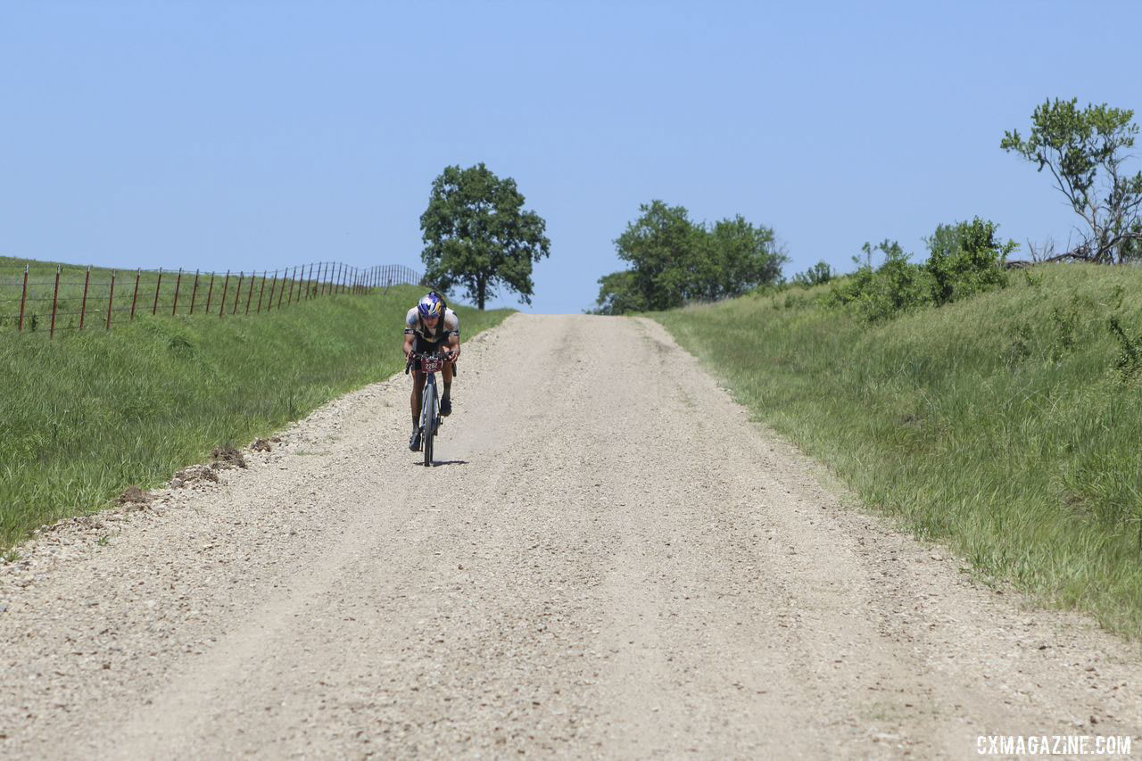 We caught Strickland at one spot where he was not on the aero bars. 2019 Dirty Kanza 200 Gravel Race. © Z. Schuster / Cyclocross Magazine