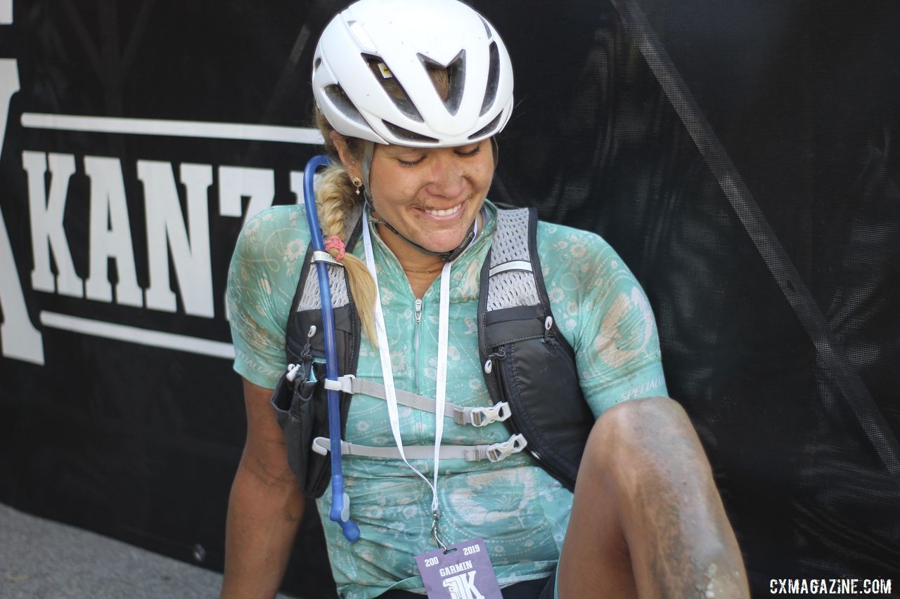 After confusing street signs for people at times, Alison Tetrick needed a few at the finish. 2019 Dirty Kanza 200 Gravel Race. © Z. Schuster / Cyclocross Magazine