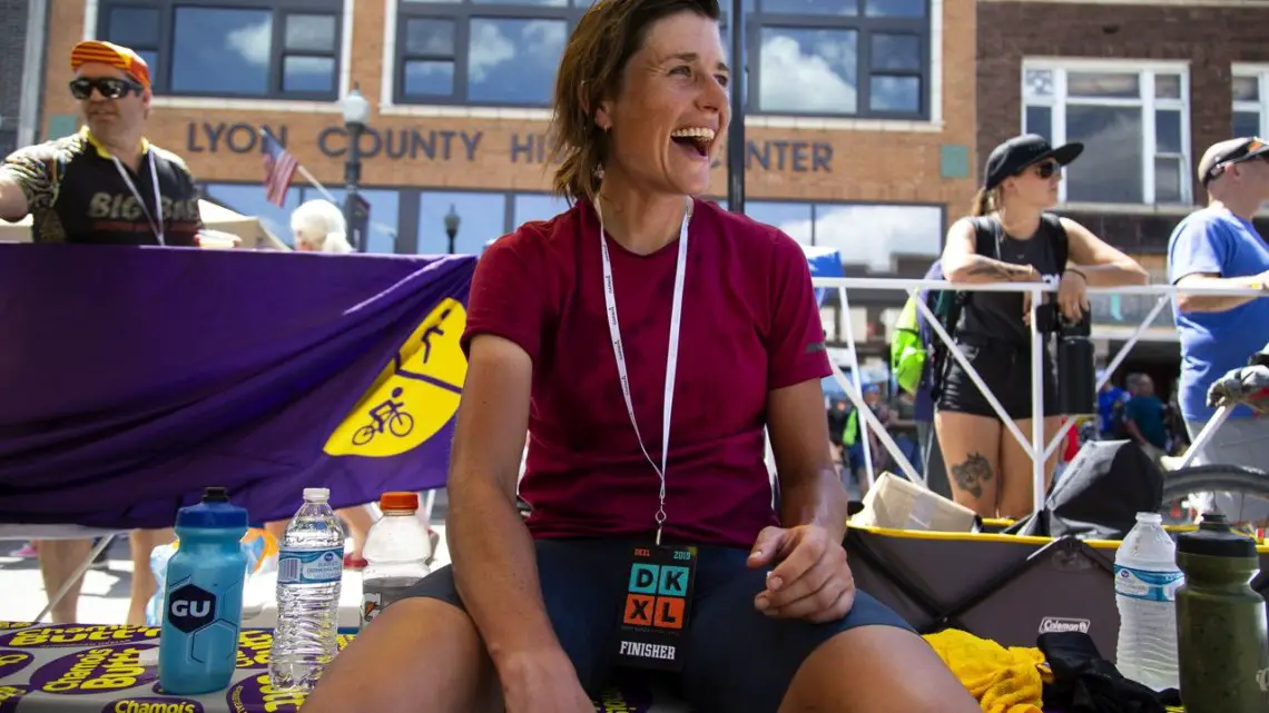 Lael Wilcox at the finish of the DKXL 2019. Wilcox was the first female finisher and placed sixth overall in the DKXL with a time of 23:51:37. © Rugile Kaladyte