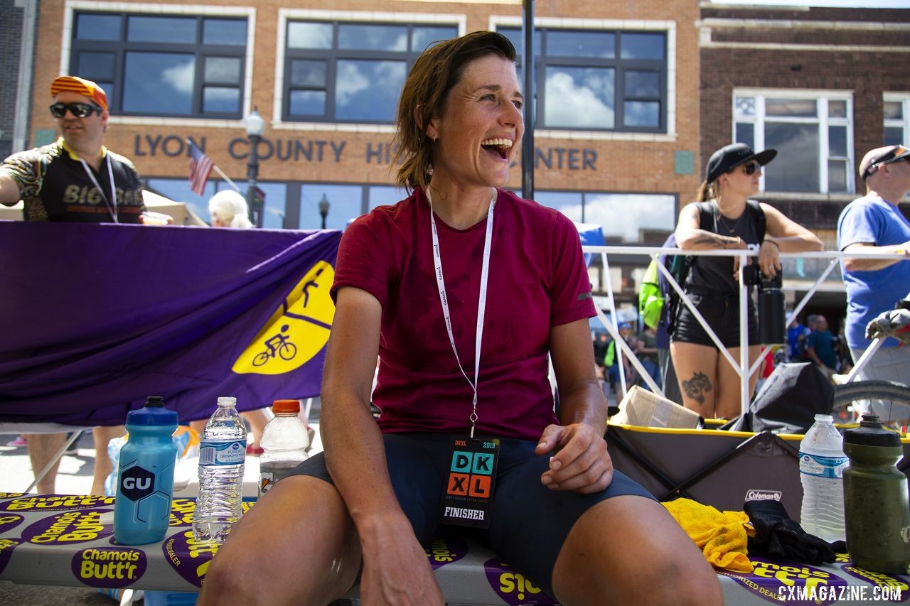 Lael Wilcox at the finish of the DKXL 2019. Wilcox was the first female finisher and placed sixth overall in the DKXL with a time of 23:51:37. © Rugile Kaladyte