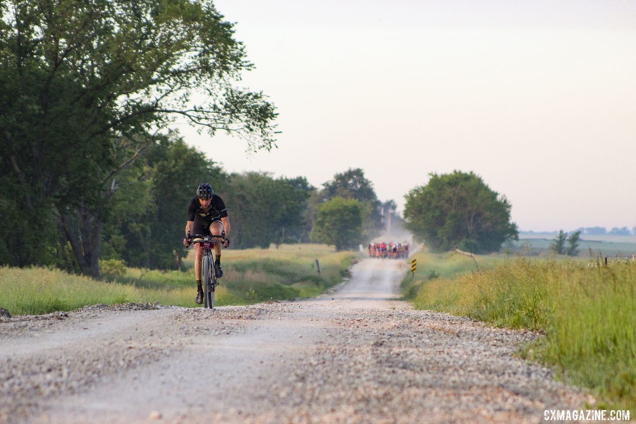 Matt Charity went full send in front of the main pack at Mile 20. 2019 Dirty Kanza 200 Gravel Race. © Z. Schuster / Cyclocross Magazine