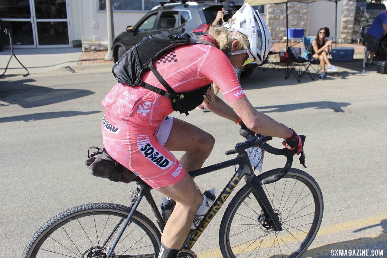 Sarah Max exits Checkpoint 1 with 2 other leaders. 2019 Women's Dirty Kanza 200 Gravel Race. © Z. Schuster / Cyclocross Magazine