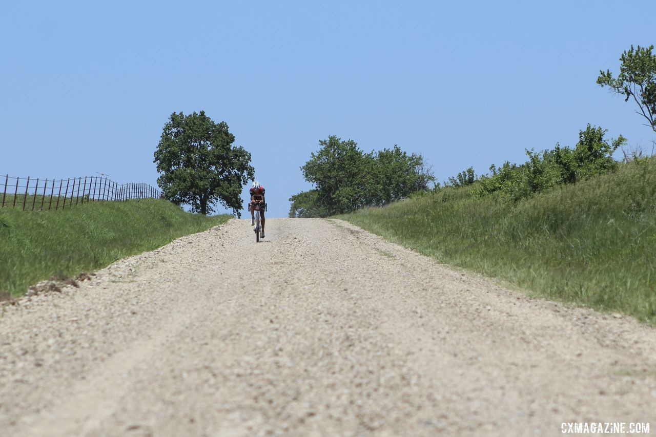 Peter Stetina got aero during his solo chase of Colin Strickland. 2019 Dirty Kanza 200 Gravel Race. © Z. Schuster / Cyclocross Magazine