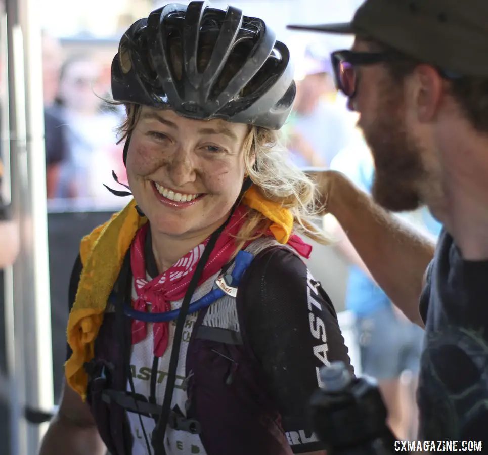 Amity Rockwell is congratulated by Easton Overland team manager Matt Hornland. 2019 Women's Dirty Kanza 200 Gravel Race. © Z. Schuster / Cyclocross Magazine