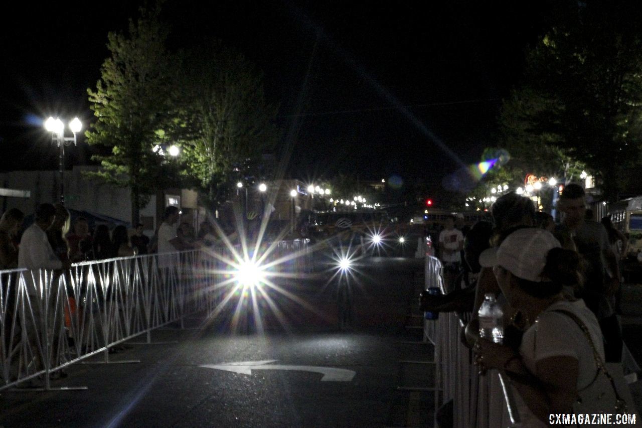 Bike lights and spotlights replaced daylights at the finish line after nightfall. 2019 Dirty Kanza 200 Gravel Race. © Z. Schuster / Cyclocross Magazine