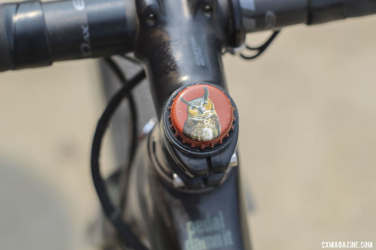 This year's steerer tube cap was an owl. Amanda Nauman's 2019 DK200 Niner RLT 9 RDO Gravel Bike. © Z. Schuster / Cyclocross Magazine