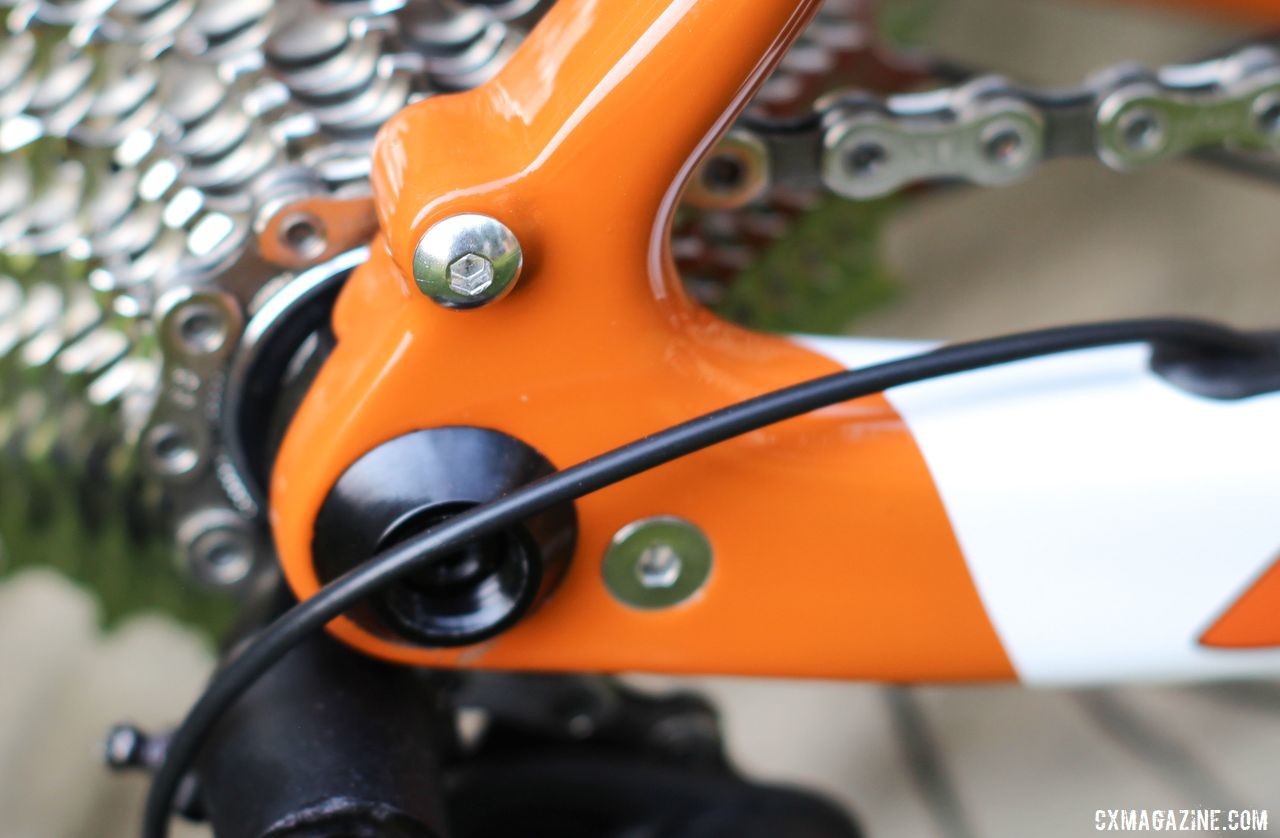 There are plenty of mounts, including rear rack mounts, on the Hogback. Blue Hogback Gravel Bike, 2019 Dirty Kanza Expo. © Z. Schuster / Cyclocross Magazine