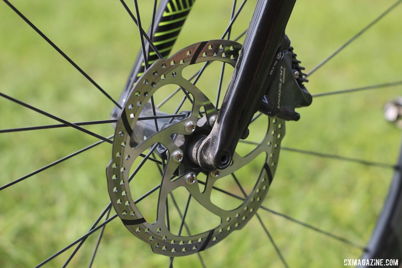 De Crescenzo used a TRP 6-bolt rotor in the front with the Ultegra flat mount disc brakes. Lauren De Crescenzo's Cannondale SuperX Gravel Bike. © Z. Schuster / Cyclocross Magazine