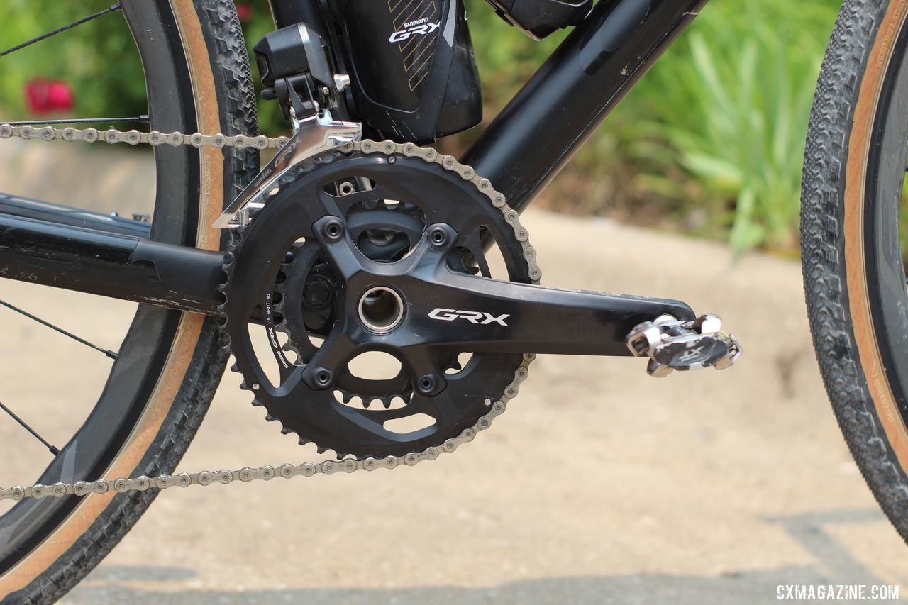 The 4-arm GX810-2 crankset is Ultegra level and has room for the wide-range 48/31t rings Mueller used. Erica Mueller's Orbea Terra with Shimano GRX. © Z. Schuster / Cyclocross Magazine
