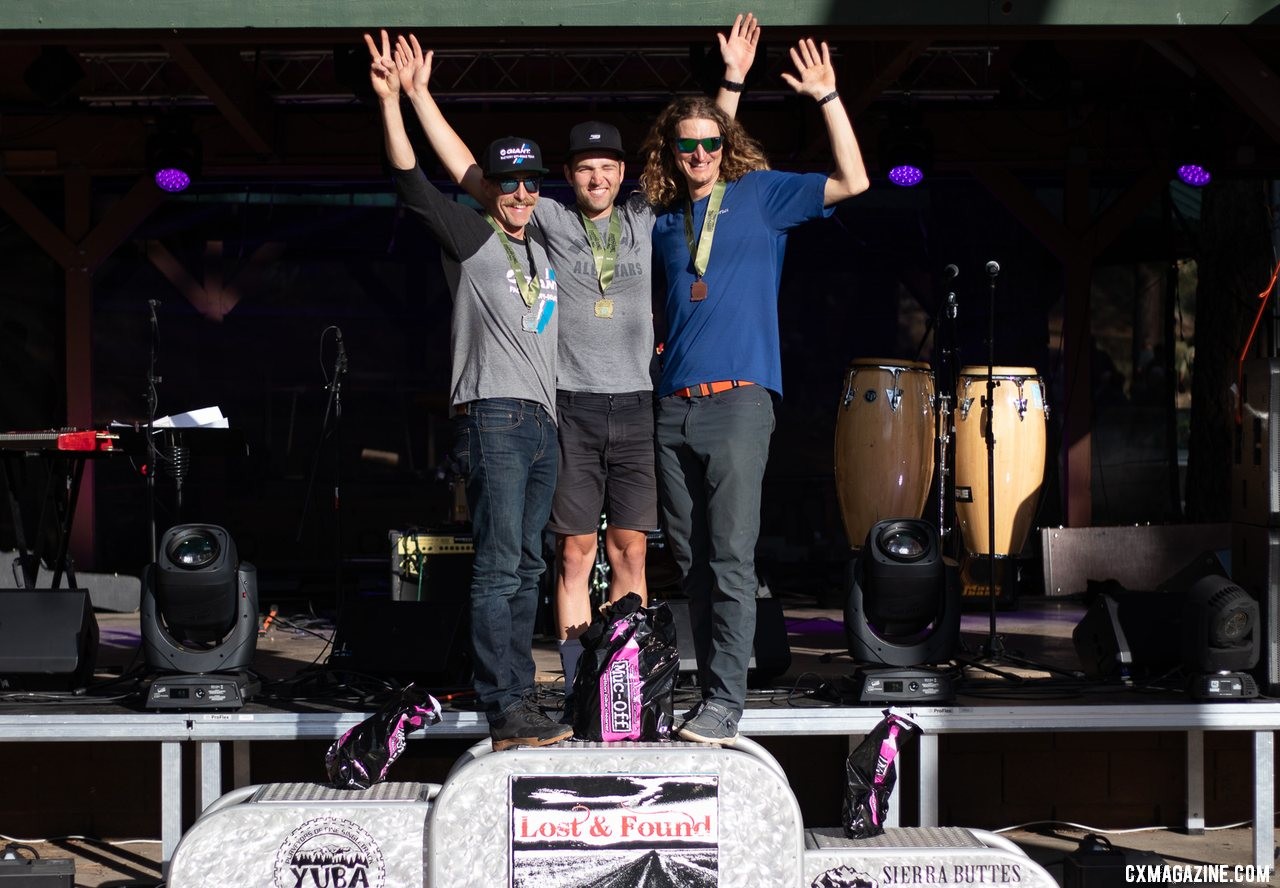 Carl Decker, Tobin Ortenblad and Carl Decker all make their returns to the Lost and Found podium. Ortenblad is the first to three wins. 2019 Lost and Found gravel race. © A. Yee / Cyclocross Magazine