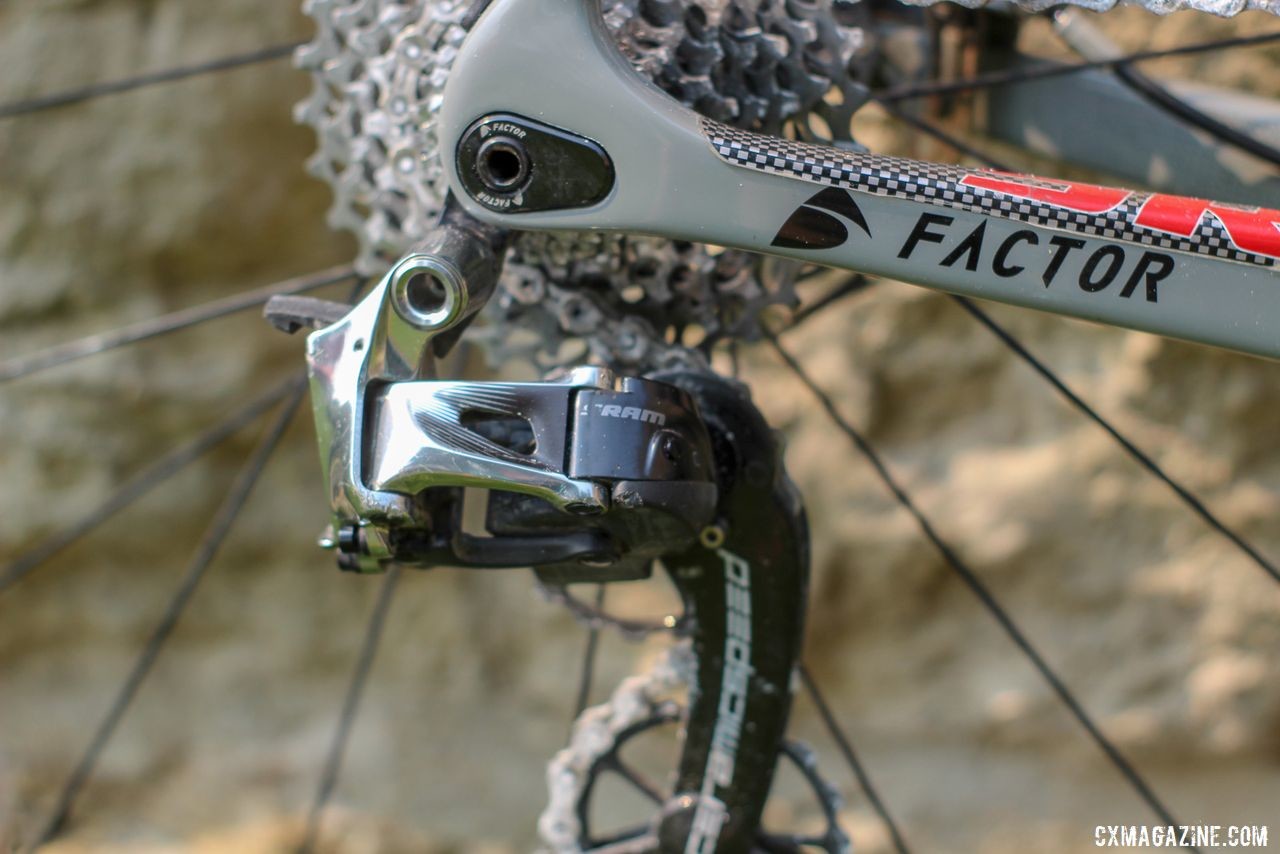 Stephens ran a SRAM Red eTap rear derailleur. The battery was at home charging on Friday afternoon. Mat Stephens' 2019 DK200 Factor Vista Gravel Bike. © Z. Schuster / Cyclocross Magazine