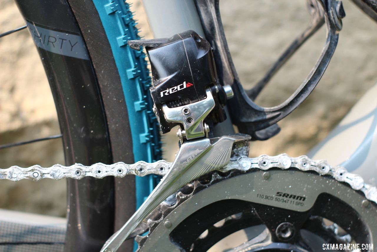 The SRAM Red eTap drivetrain included the electric front derailleur. Mat Stephens' 2019 DK200 Factor Vista Gravel Bike. © Z. Schuster / Cyclocross Magazine