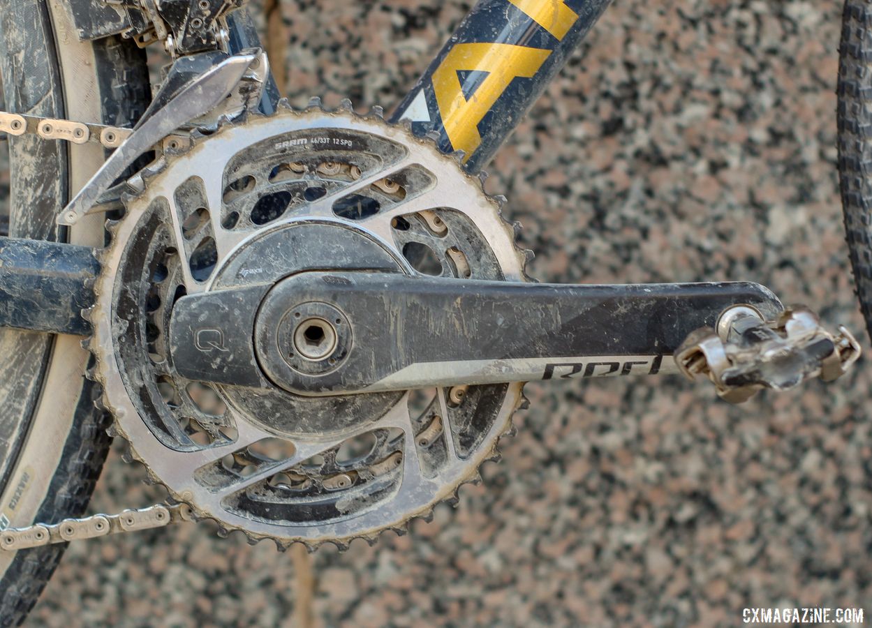 Max ran a double with 46/33t chain rings mounted to a SRAM Red Power Meter crankset. Sarah Max's 2019 DK200 Argonaut GR2 Gravel Bike. © Z. Schuster / Cyclocross Magazine