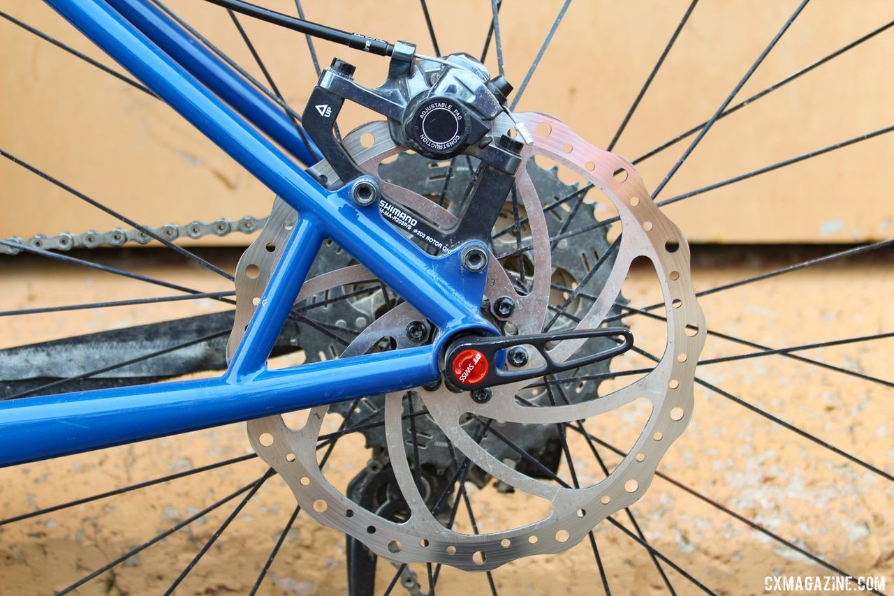 The steel frame has IS mounts and the mechanical calipers mounted with adapters. Dori and Andrew Coetzee's Ritchey Double Switchback Break Away Tandem. © Z. Schuster