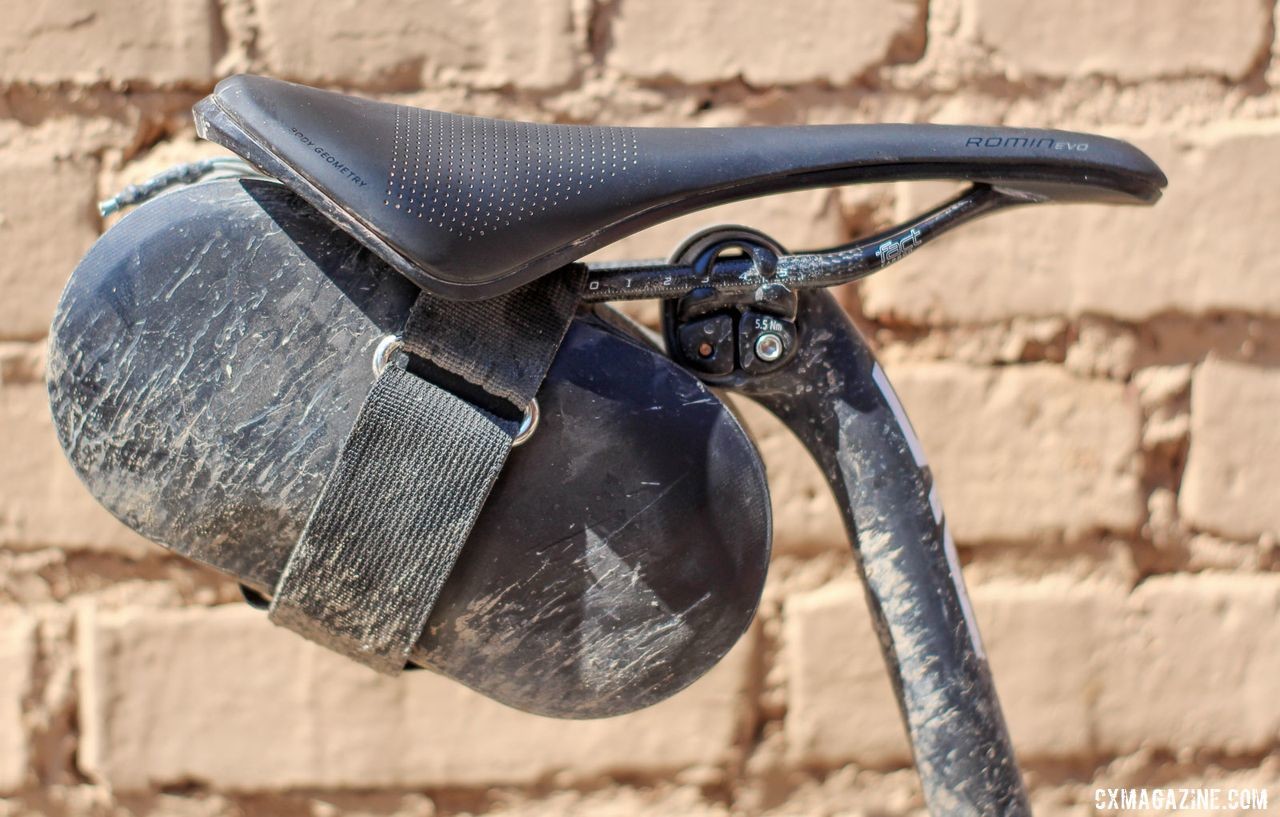 A saddle bag carried flat-fixing tools that Strickland had to go to at least once. Colin Strickland's 2019 Dirty Kanza 200 Allied Able. © Z. Schuster / Cyclocross Magazine