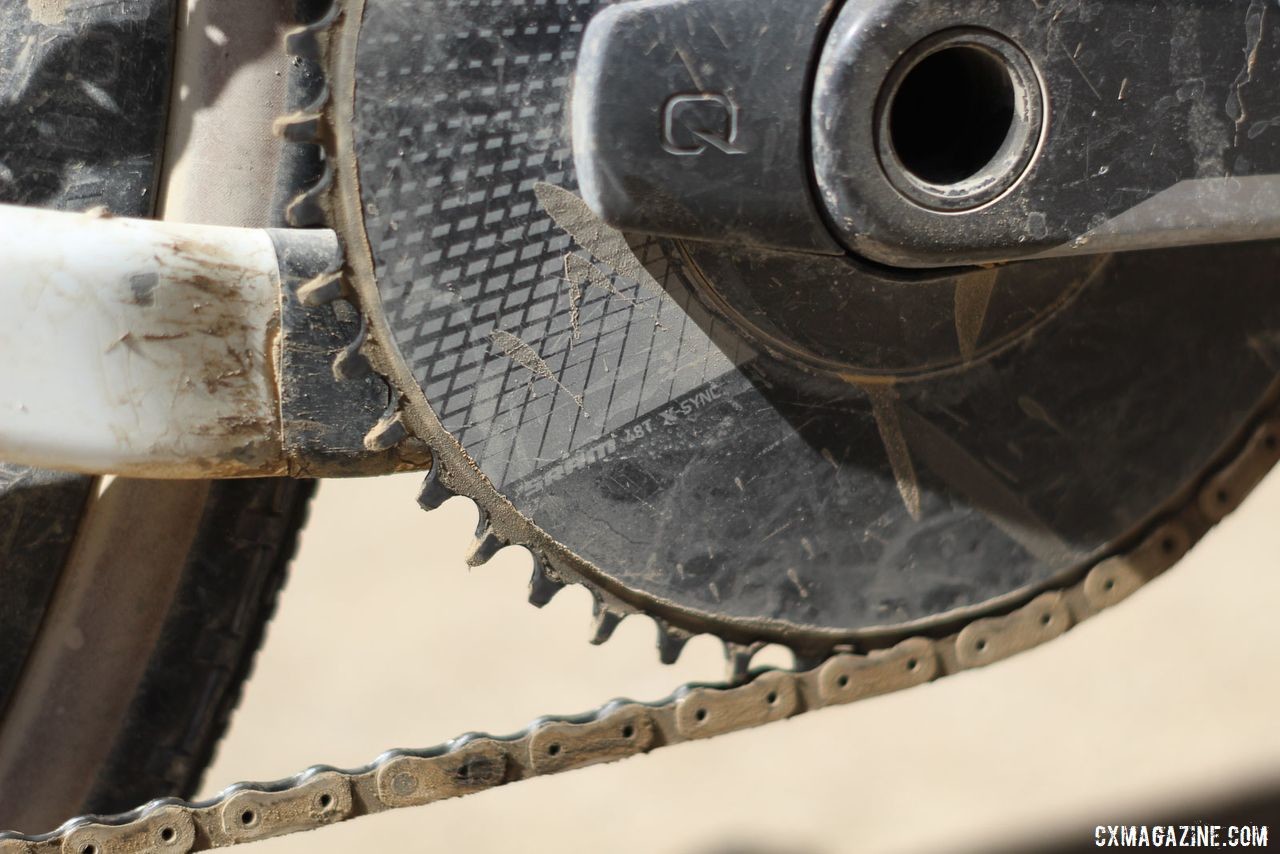 Stetina pushed a big gear with a 48t front chain ring. Peter Stetina's Trek Checkpoint gravel bike. © Z. Schuster / Cyclocross Magazine