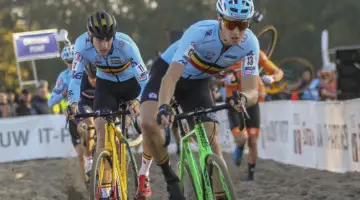 Tim Merlier leads Toon Aerts through the sand. 2018 European Cyclocross Championships, Rosmalen, Netherlands. © B. Hazen / Cyclocross Magazine