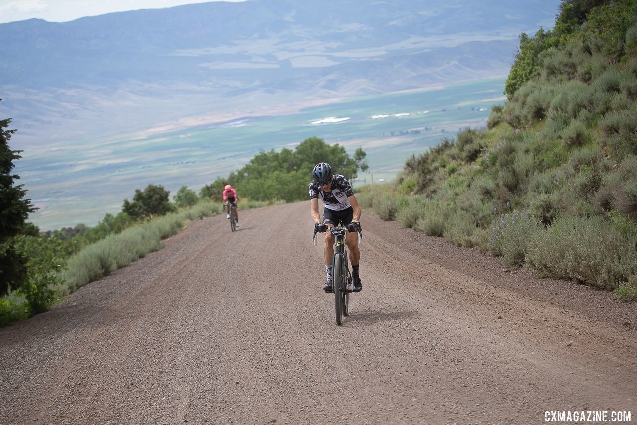 Alex Grant attackes Alex Howes halfway up the Col d' Crush. 2019 Crusher in the Tushar Gravel Race. © Catherine Fegan-Kim / Cottonsox Photo