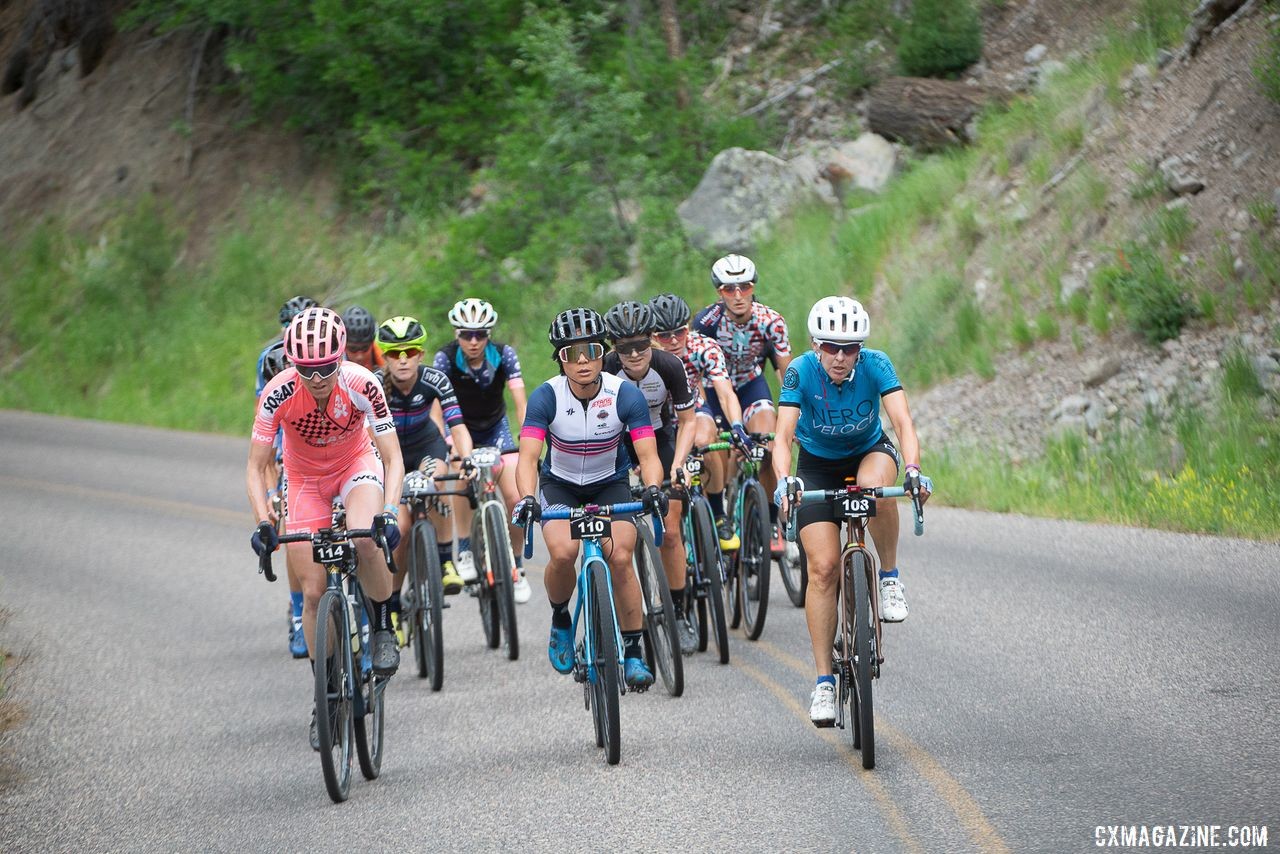 The lead group of women makes its way toward the first dirt climb. 2019 Crusher in the Tushar Gravel Race. © Cathy Fegan-Kim / Cottonsox Photo