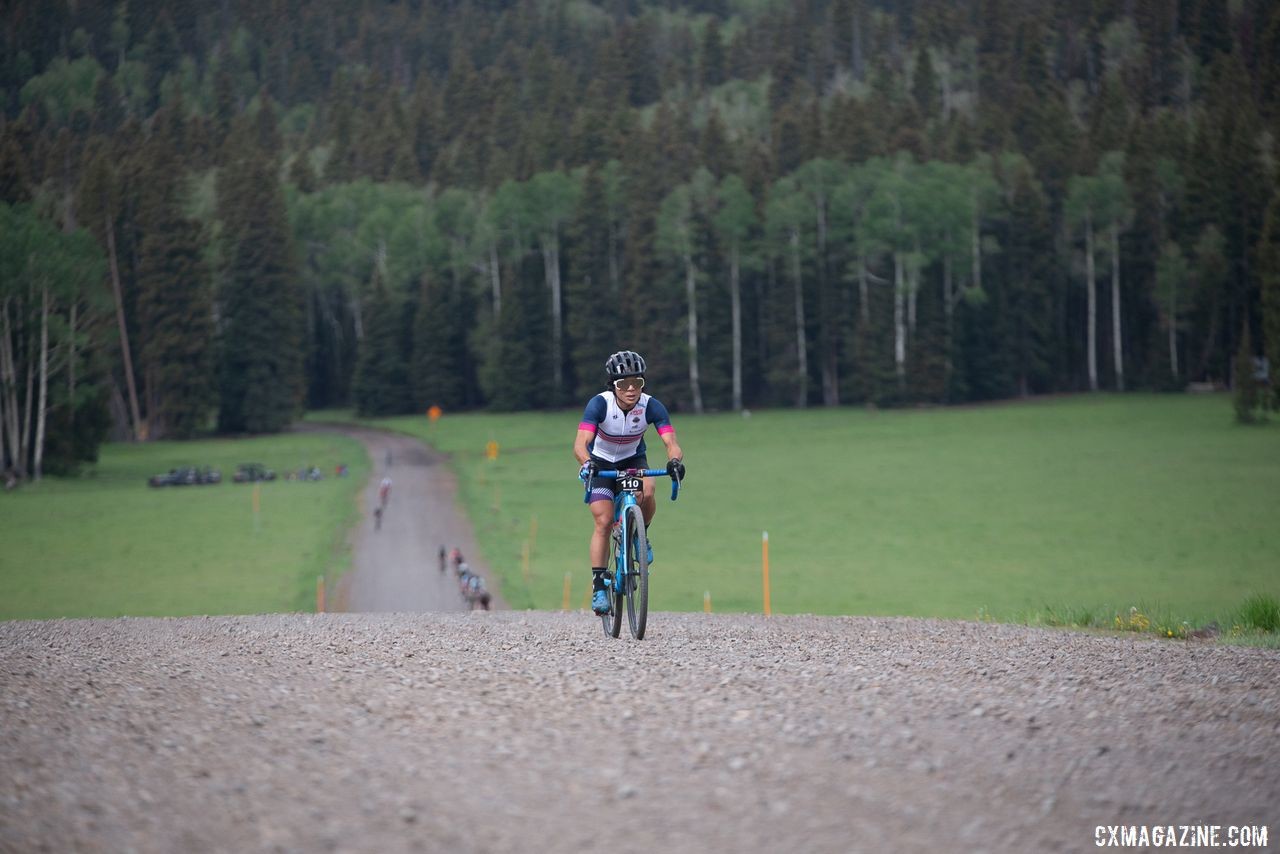 Evelyn Dong chases Lauren Stephens. 2019 Crusher in the Tushar Gravel Race. © Cathy Fegan-Kim / Cottonsox Photo