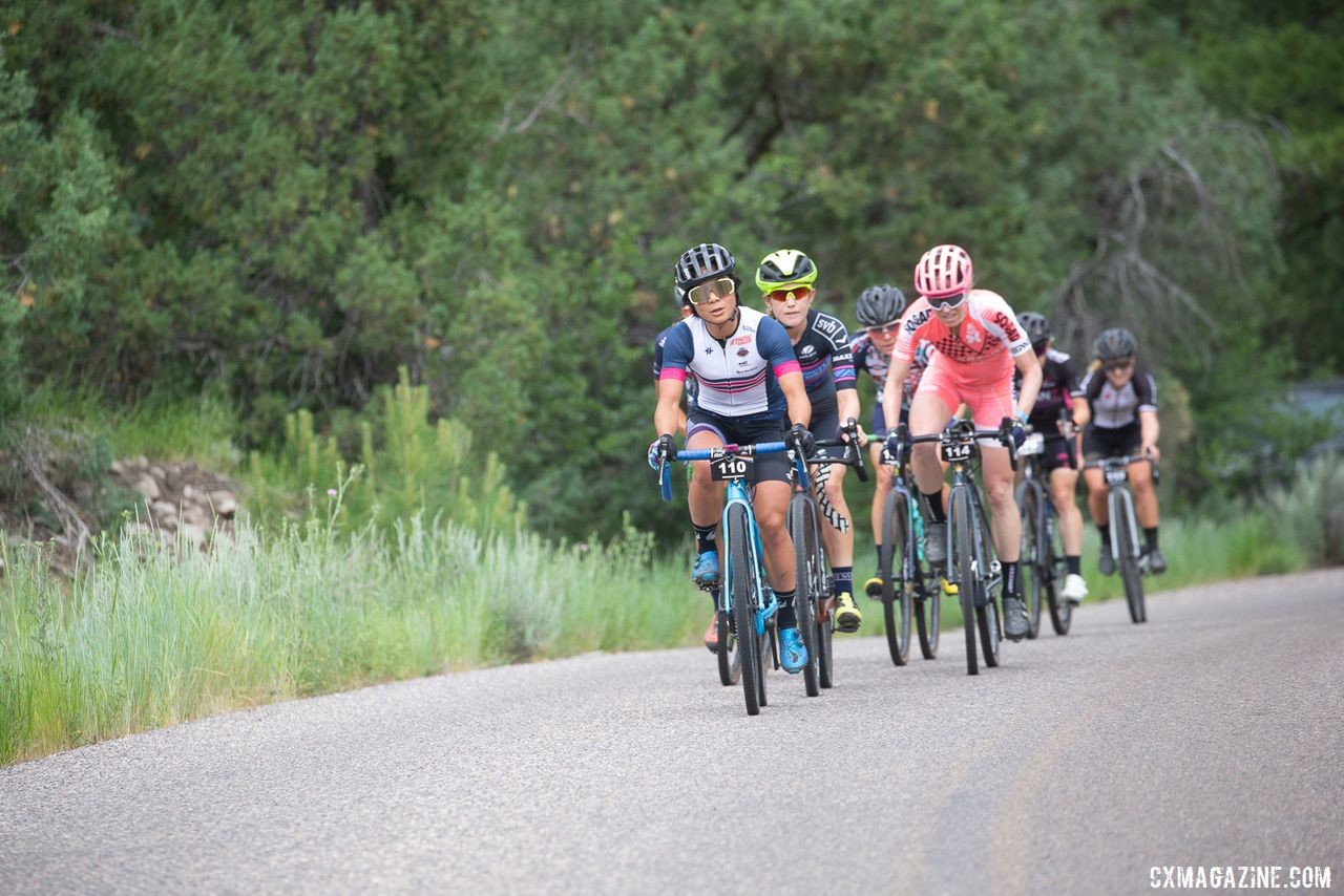 Evelyn Dong leads the women up the first climb. 2019 Crusher in the Tushar Gravel Race. © Cathy Fegan-Kim / Cottonsox Photo