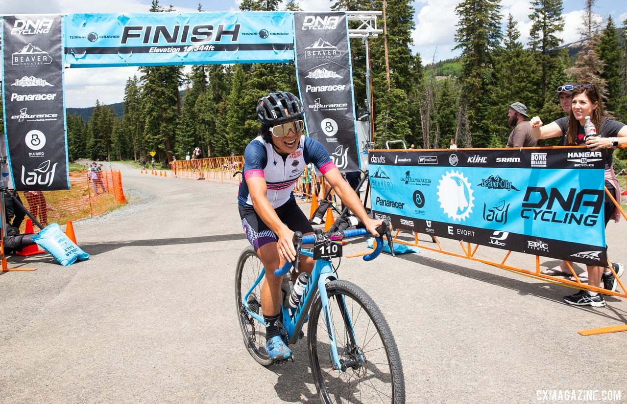 Evelyn Dong smiles after winning the Crusher in her first try. 2019 Crusher in the Tushar Gravel Race. © Cathy Fegan-Kim / Cottonsox Photo