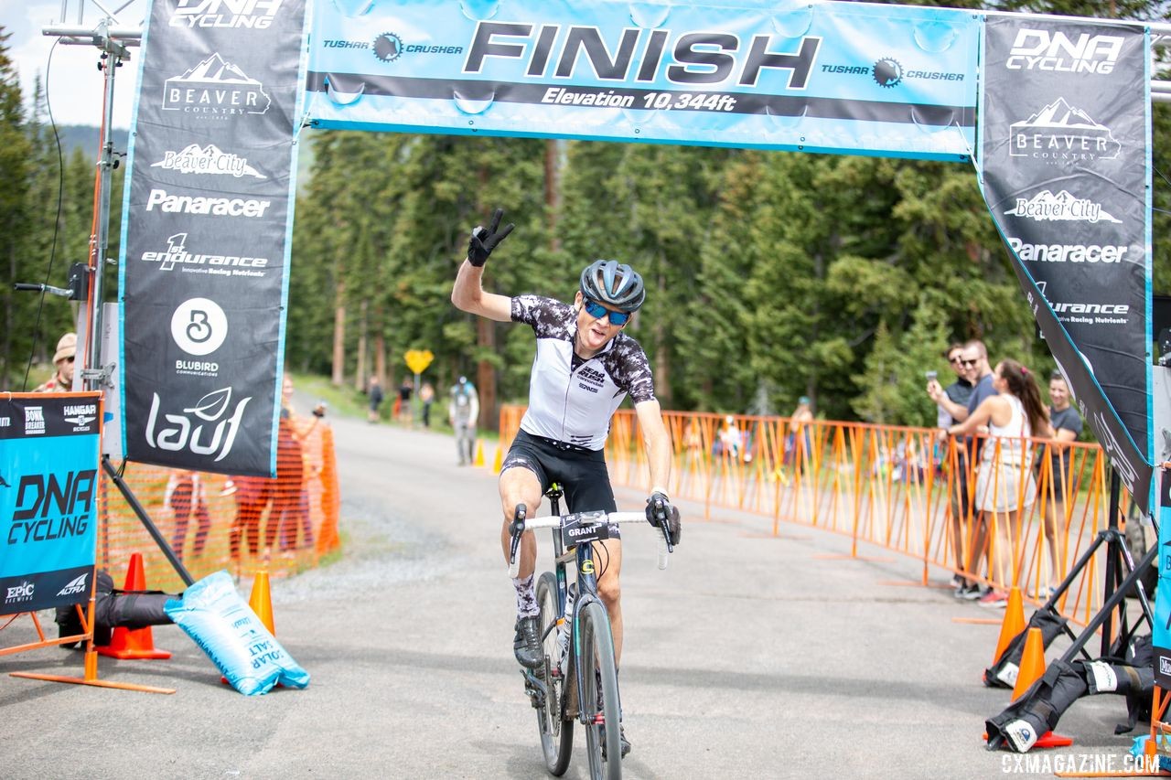 Alex Grant celebrates his first Crusher win in six tries. 2019 Crusher in the Tushar Gravel Race. © Cathy Fegan-Kim / Cottonsox Photo