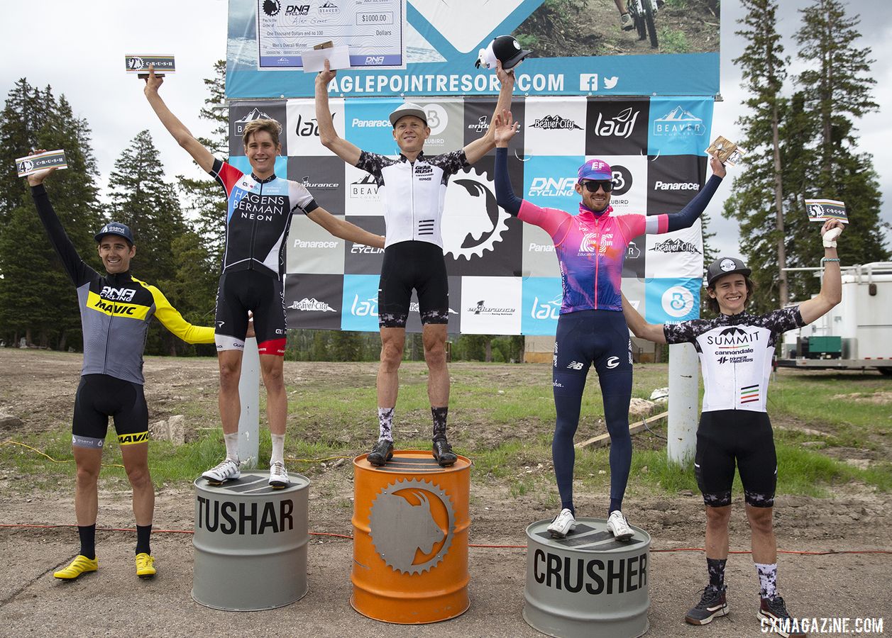 Men's podium: Alex Grant, Eddie Anderson, Alex Howes, Jamey Driscoll and Zach Calton. 2019 Crusher in the Tushar Gravel Race. © Cathy Fegan-Kim / Cottonsox Photo