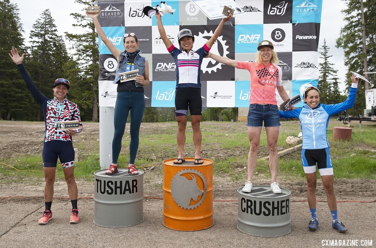 Women's podium: Evelyn Dong, Lauren Stephens, Sarah Max, Amy Charity and Aimee Vasse. 2019 Crusher in the Tushar Gravel Race. © Cathy Fegan-Kim / Cottonsox Photo