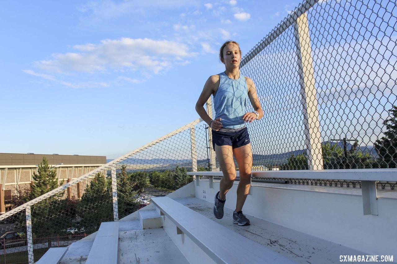 Elsa Westenfelder blends in a bit during the stadium stairs drill. 2019 Women's MontanaCrossCamp, Thursday. © Z. Schuster / Cyclocross Magazine