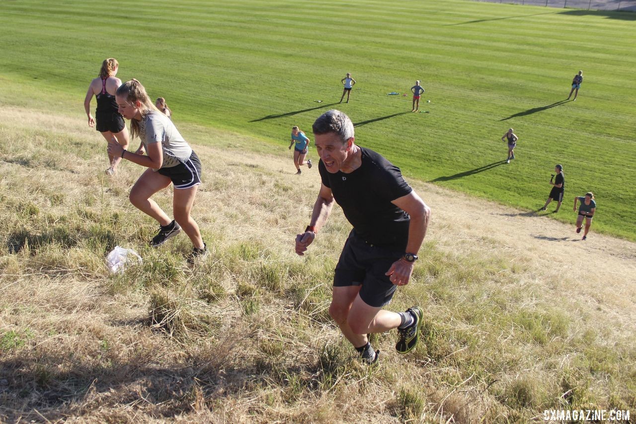 Coach Geoff Proctor joined in the hill bounds. 2019 Women's MontanaCrossCamp, Thursday. © Z. Schuster / Cyclocross Magazine