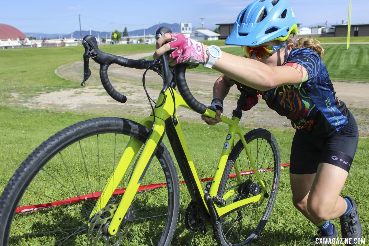 Else Westenfelder pushes her bike one of the run-ups during the relay race. 2019 Women's MontanaCrossCamp, Friday. © Z. Schuster / Cyclocross Magazine