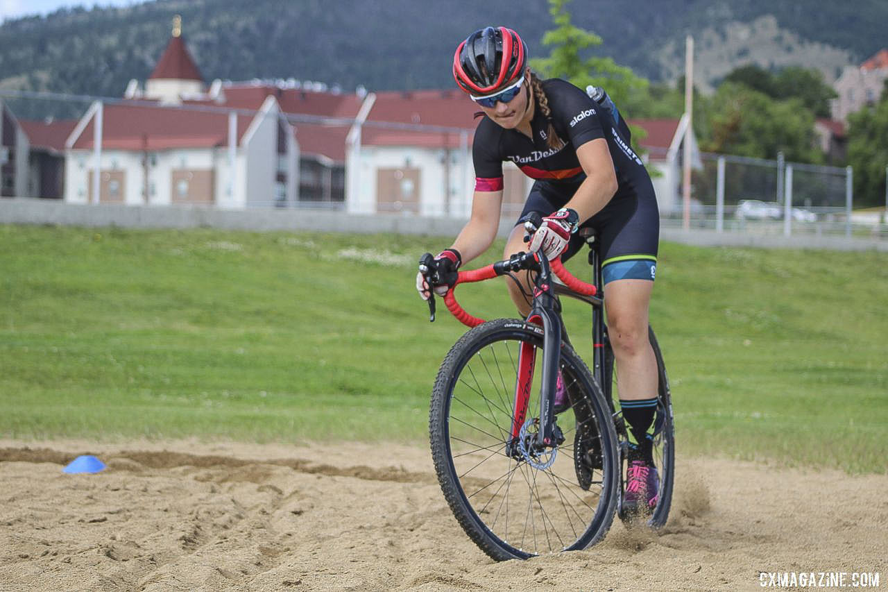 Callah Robinson uses some english to get through the sand. 2019 Women's MontanaCrossCamp, Friday. © Z. Schuster / Cyclocross Magazine
