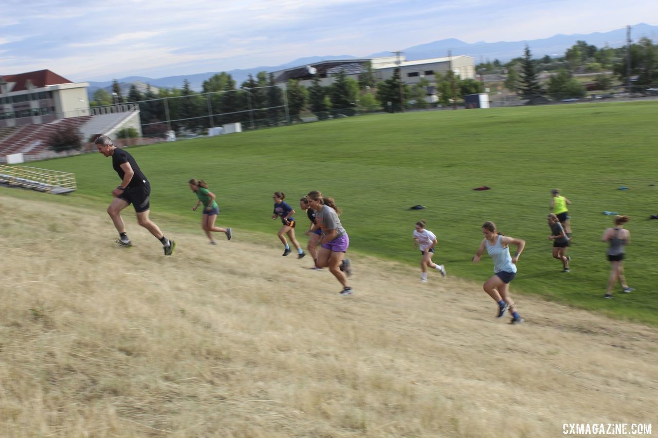 Campers hup hup up the hill bounds. 2019 Women's MontanaCrossCamp, Wednesday AM. © Z. Schuster / Cyclocross Magazine