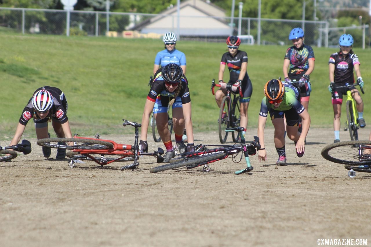 Push-ups into a holeshot. 2019 Women's MontanaCrossCamp, Wednesday AM. © Z. Schuster / Cyclocross Magazine