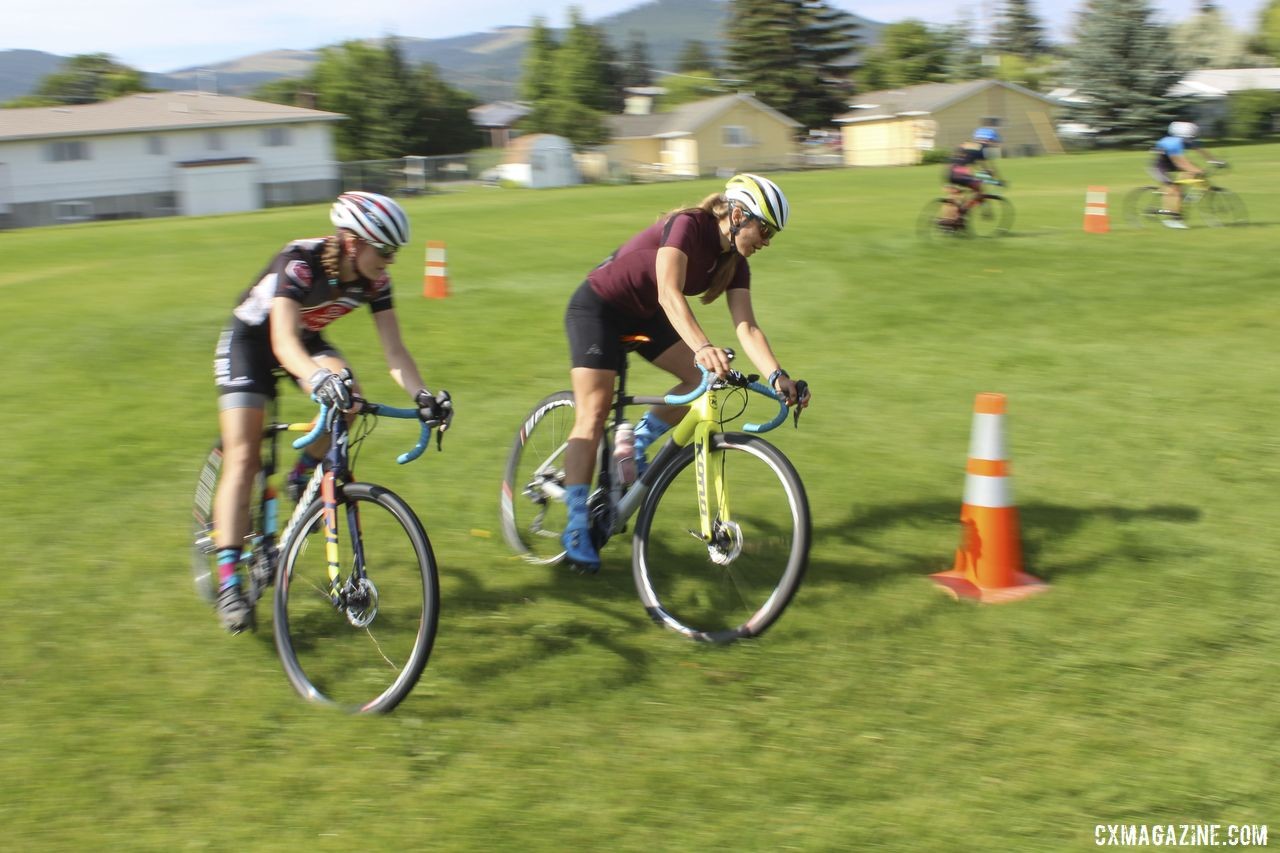 Coach Fahringer worked with Grace Mattern on passing during the Figure 8 drill. 2019 Women's MontanaCrossCamp, Wednesday AM. © Z. Schuster / Cyclocross Magazine