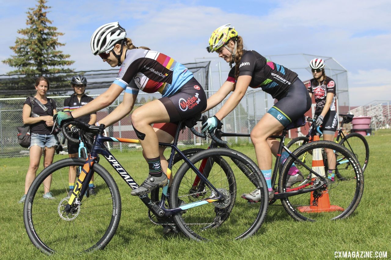 Ellie Mitchell (right) took the second round of Bike Derby as well. 2019 Women's MontanaCrossCamp, Wednesday AM. © Z. Schuster / Cyclocross Magazine