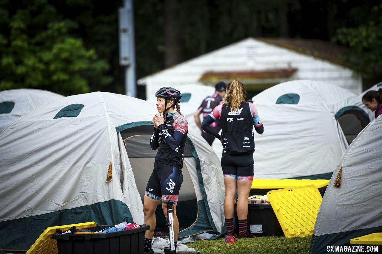 Riders get ready for Day 2 after a night of camping. 2019 Oregon Trail Gravel Grinder. © Adam Lapierre