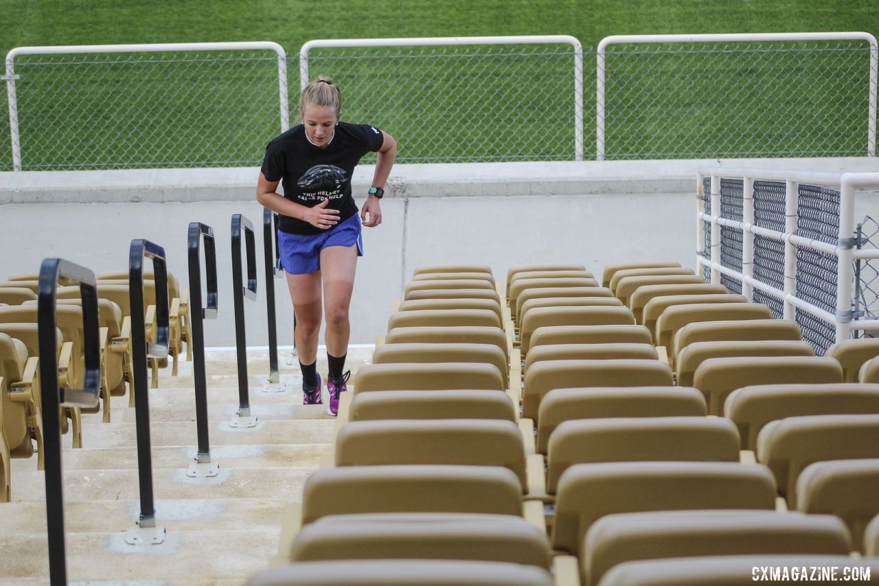 Four sets of stadium stairs help get the blood flowing early in the morning. 2019 Women's MontanaCrossCamp, Wednesday AM. © Z. Schuster / Cyclocross Magazine