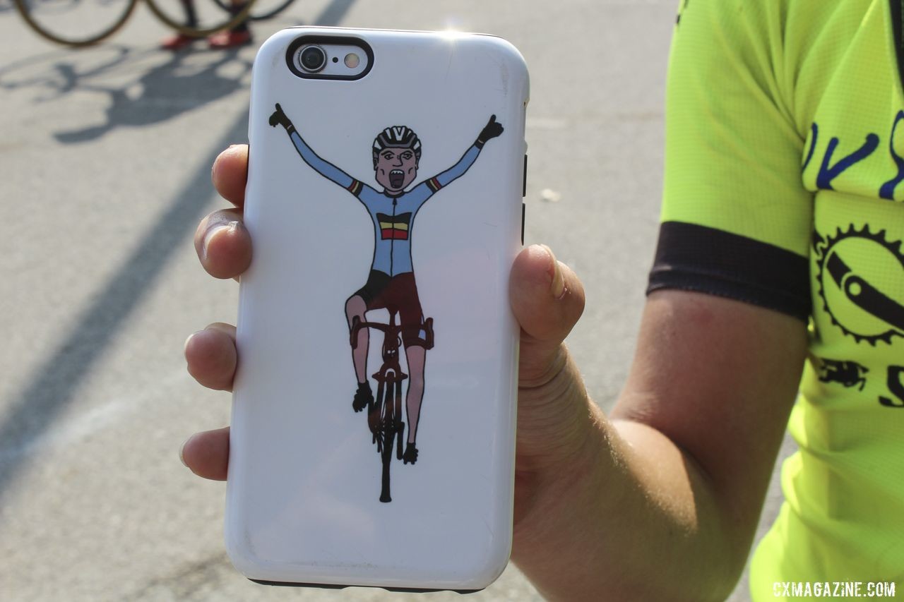 Aubrey Drummond shows off her Wout van Aert phone case at the 2017 Jingle Cross World Cup. © Z. Schuster / Cyclocross Magazine 
